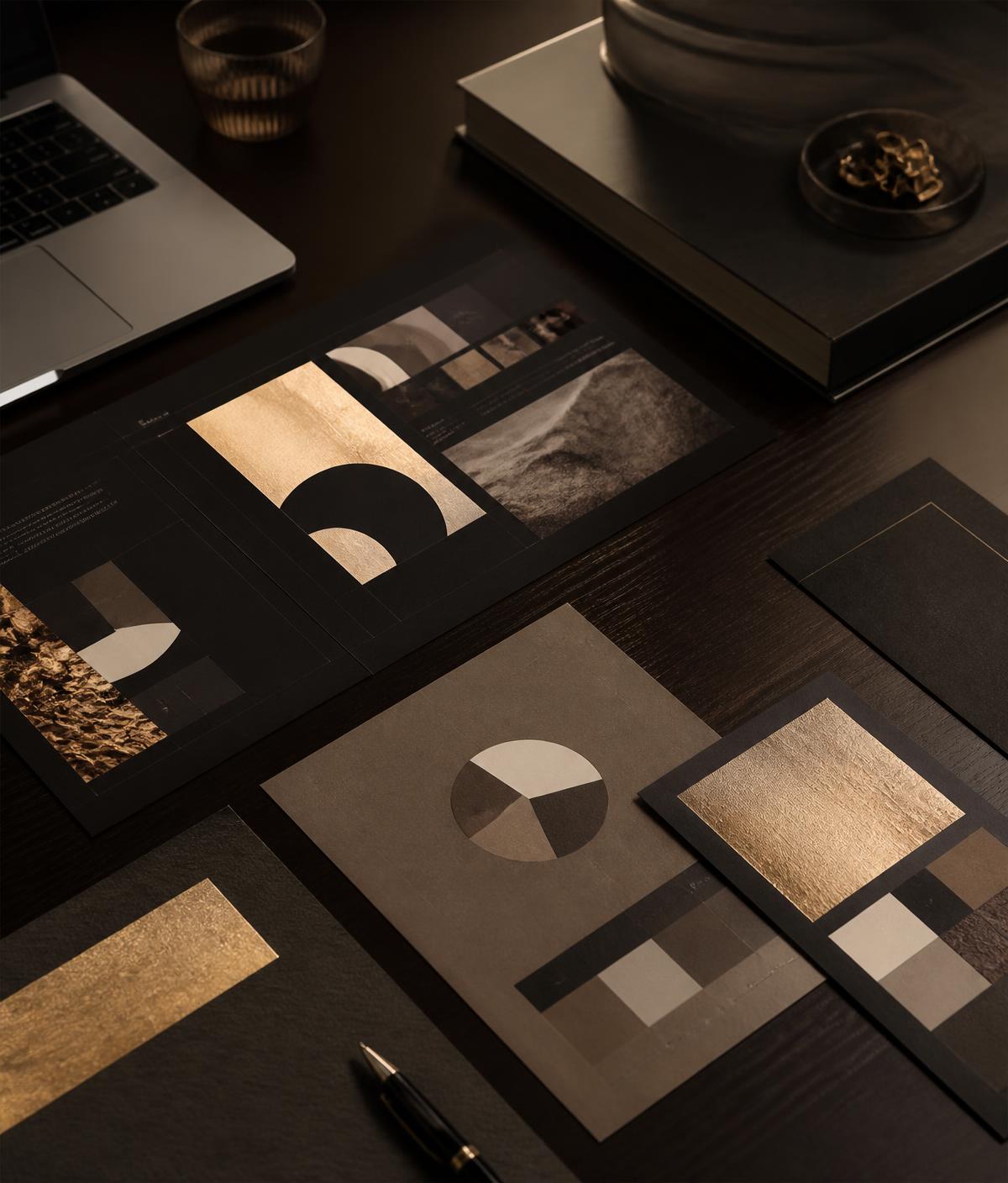 Dark studio desk with brand guideline samples and champagne gold foil detail