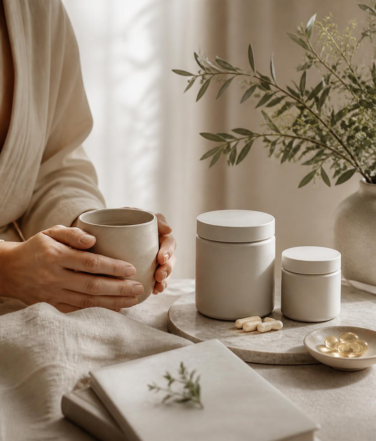 Ceramic cup and minimal ivory supplement jars in soft daylight
